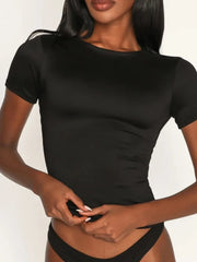 Round Neck Short Sleeve Swim Top Black / S