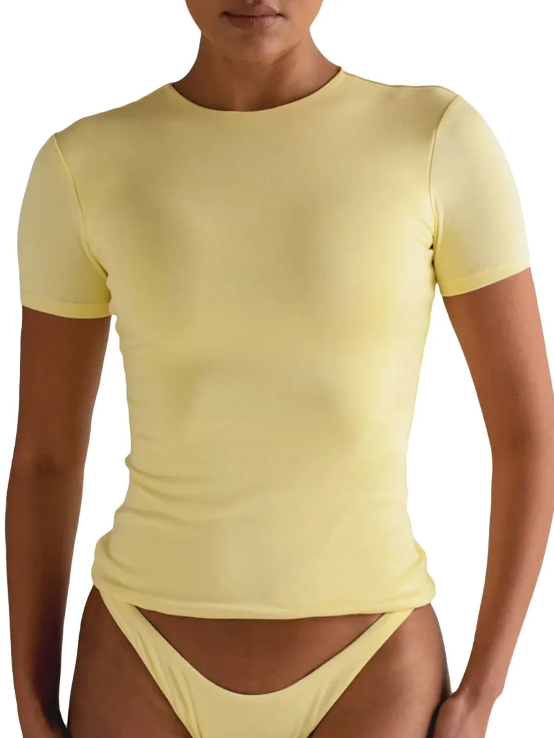 Round Neck Short Sleeve Swim Top Pastel Yellow / M