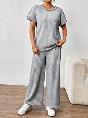 Round Neck Short Sleeve Top and Pants Set Light Gray / XS