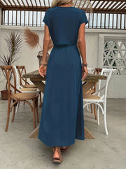 Round Neck Short Sleeve Top and Skirt Set