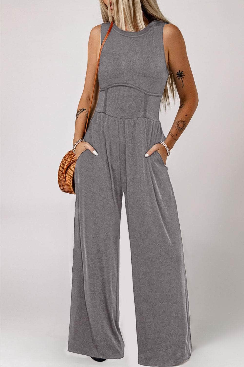 Round Neck Sleeveless Jumpsuit with Pockets Dark Gray / S