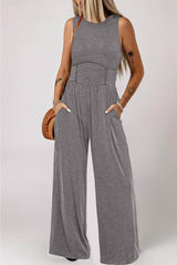 Round Neck Sleeveless Jumpsuit with Pockets Dark Gray / S
