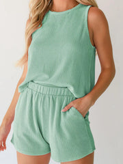 Round Neck Sleeveless Top and Shorts Set Gum Leaf / S