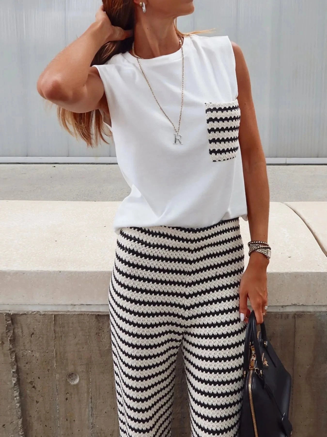 Round Neck Sleeveless Top and Striped Pants Set