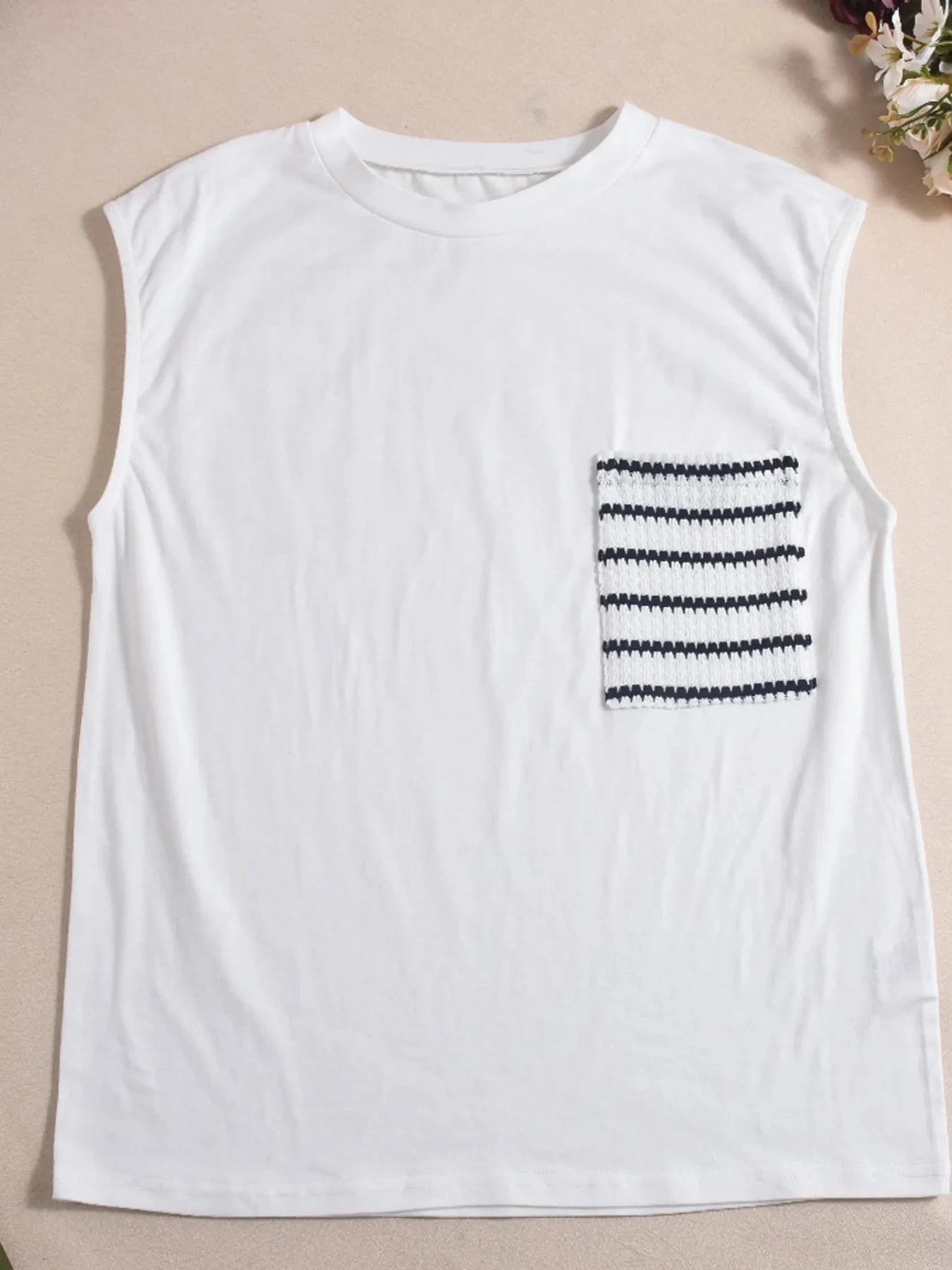 Round Neck Sleeveless Top and Striped Pants Set