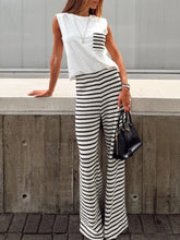 Round Neck Sleeveless Top and Striped Pants Set Black / S