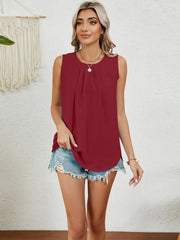 Round Neck Sleeveless Top with Pleated Front Detail