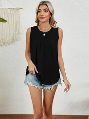 Round Neck Sleeveless Top with Pleated Front Detail
