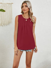 Round Neck Sleeveless Top with Pleated Front Detail