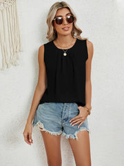Round Neck Sleeveless Top with Pleated Front Detail Black / S