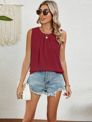 Round Neck Sleeveless Top with Pleated Front Detail Burgundy / S