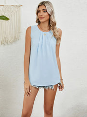 Round Neck Sleeveless Top with Pleated Front Detail Light Blue / S