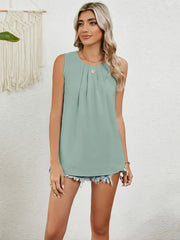 Round Neck Sleeveless Top with Pleated Front Detail Sage / S