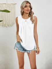 Round Neck Sleeveless Top with Pleated Front Detail White / S