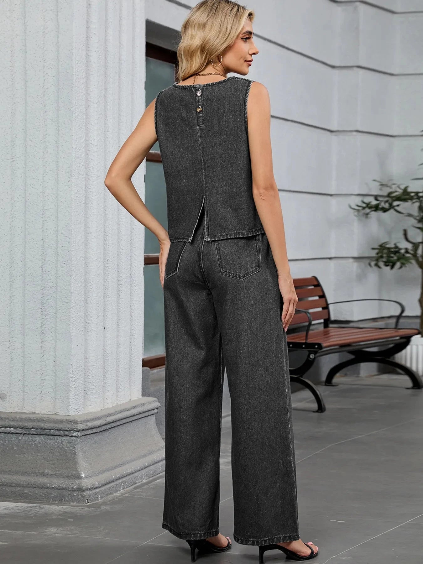 Round Neck Tank and Pants Denim Set