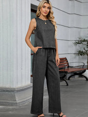 Round Neck Tank and Pants Denim Set