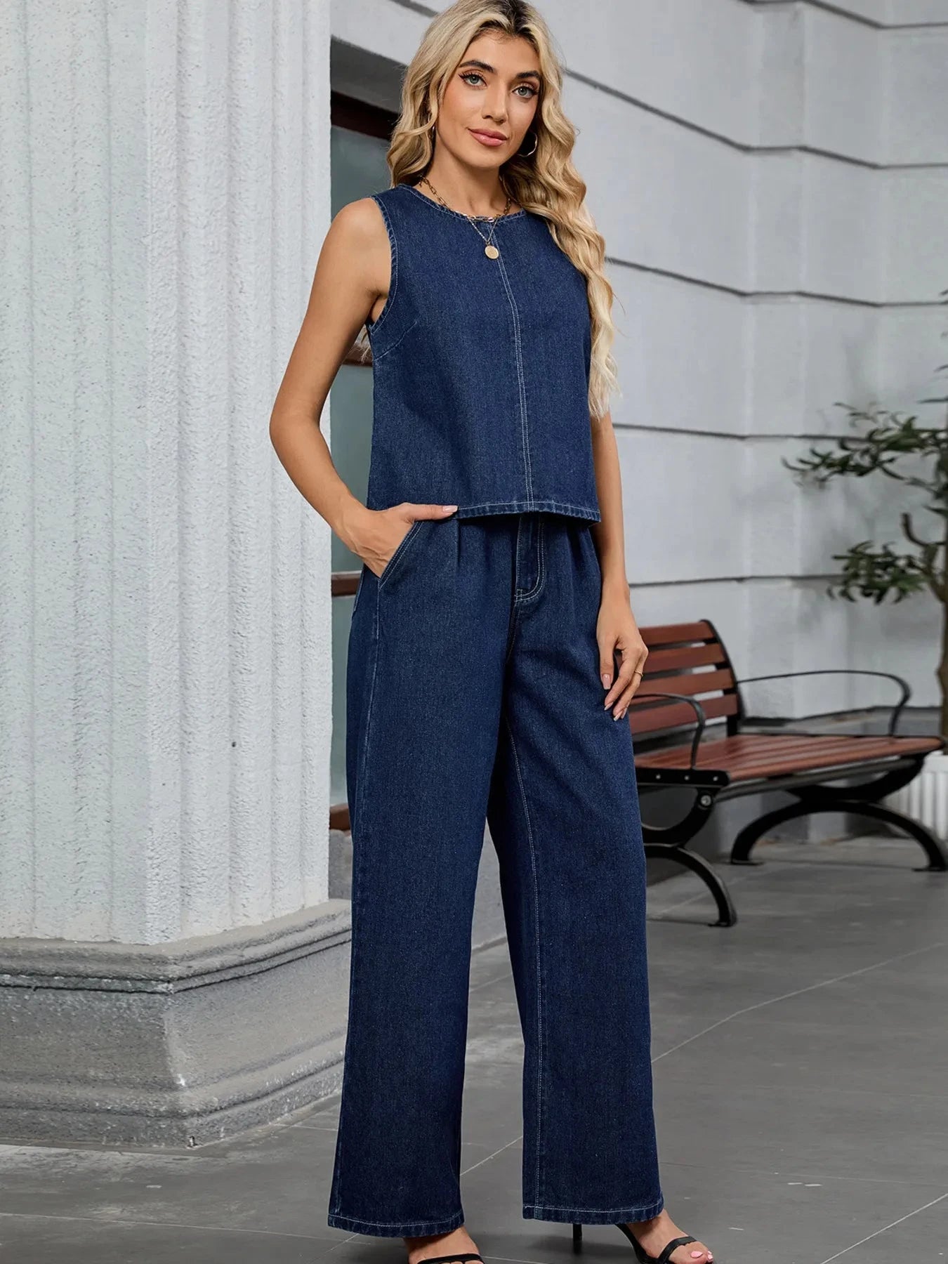Round Neck Tank and Pants Denim Set