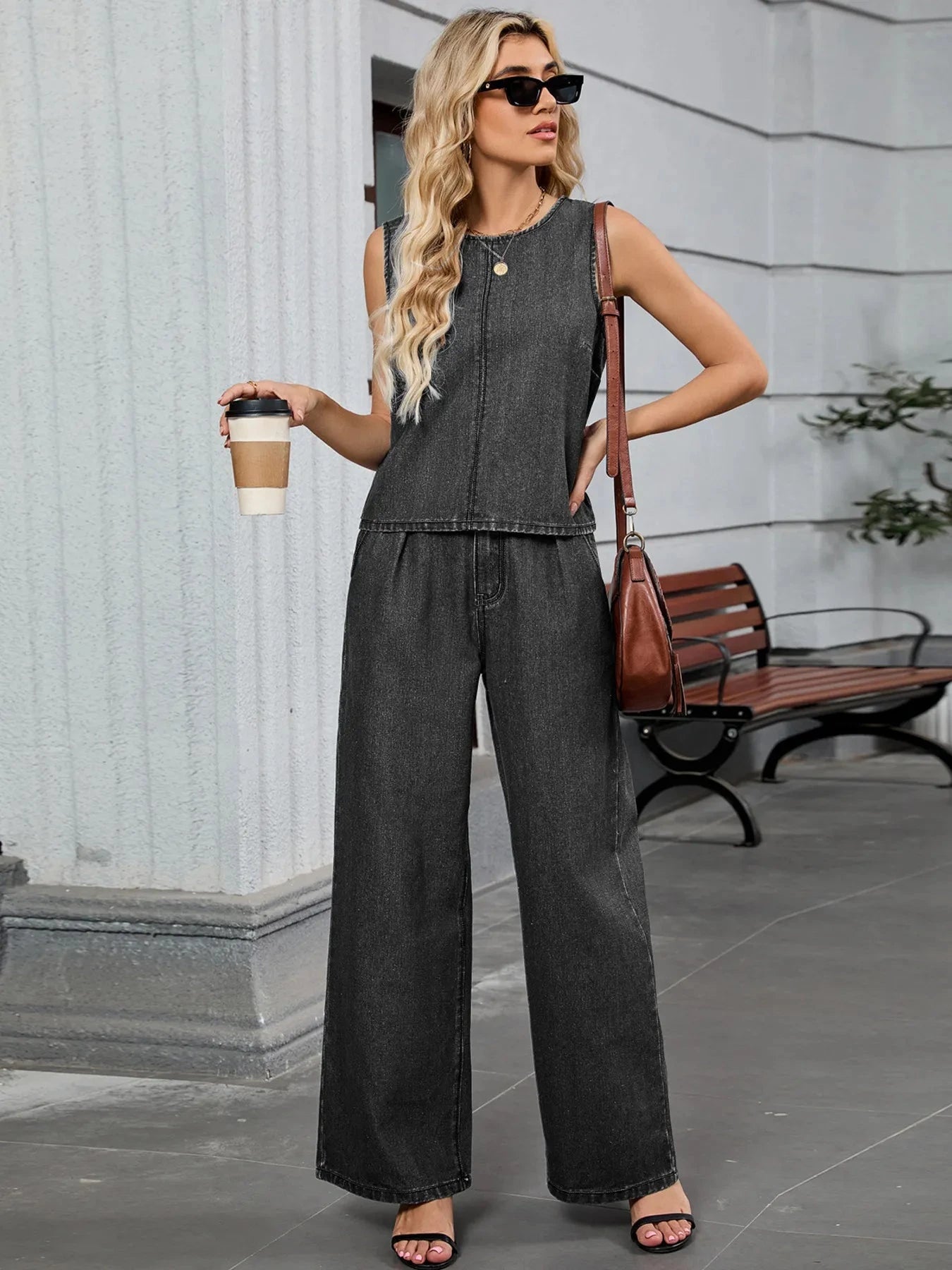 Round Neck Tank and Pants Denim Set Black / S