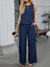 Round Neck Tank and Pants Denim Set Dark Blue / S