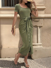 Round Neck Tie-Waist Bodycon Dress