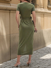 Round Neck Tie-Waist Bodycon Dress