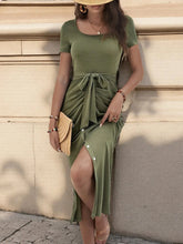 Round Neck Tie-Waist Bodycon Dress Moss / S