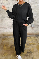 Round Neck Top and Pants Set Black / S