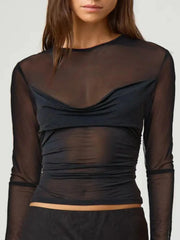 Ruched Mesh Long Sleeve Top