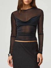 Ruched Mesh Long Sleeve Top Black / S