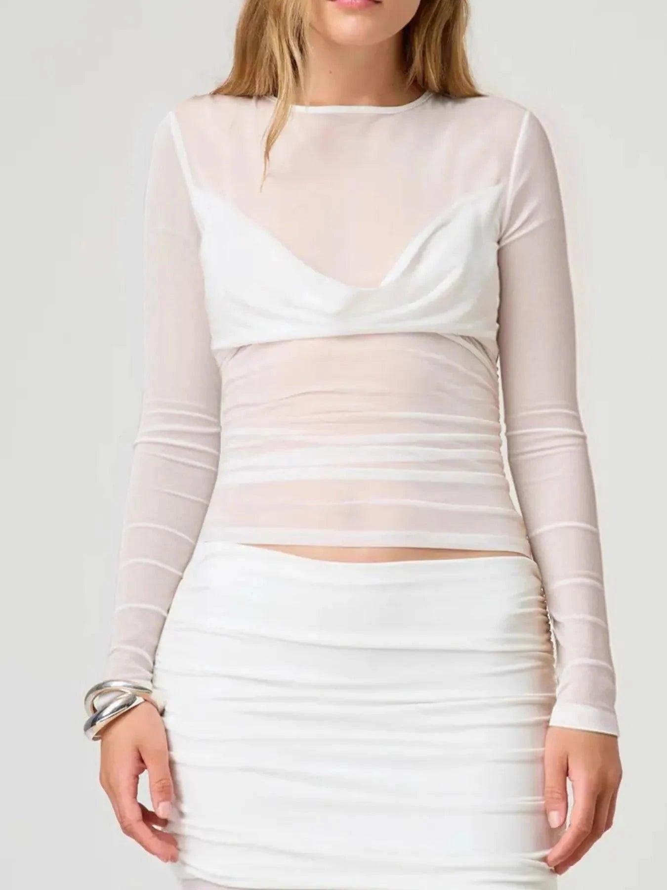 Ruched Mesh Long Sleeve Top White / S