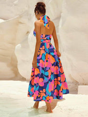 Ruched Printed Halter Neck Sleeveless Dress