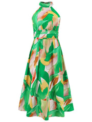 Ruched Printed Halter Neck Sleeveless Dress