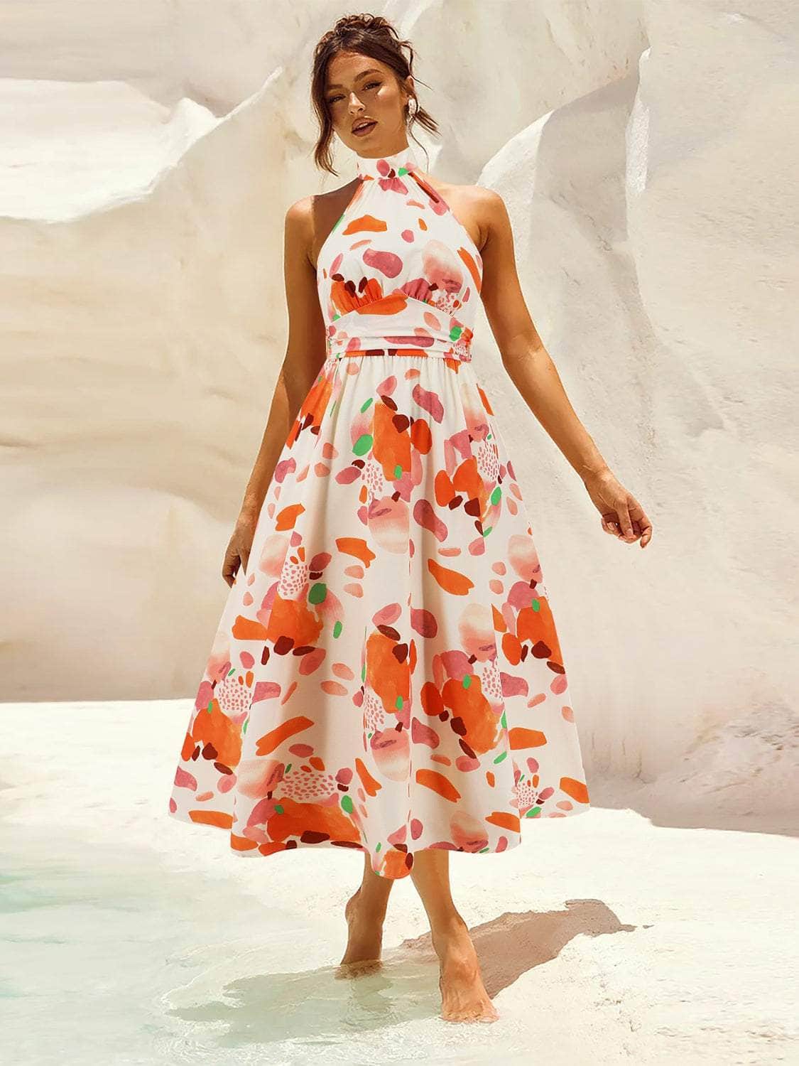 Ruched Printed Halter Neck Sleeveless Dress Coral / S