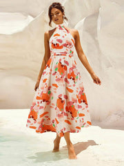 Ruched Printed Halter Neck Sleeveless Dress Coral / S