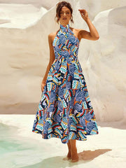 Ruched Printed Halter Neck Sleeveless Dress Dark Blue / S