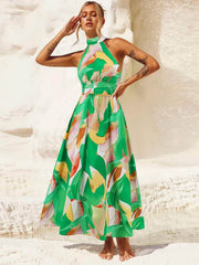 Ruched Printed Halter Neck Sleeveless Dress Green / S