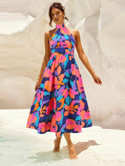 Ruched Printed Halter Neck Sleeveless Dress Violet / S