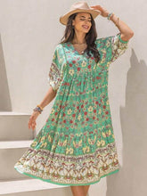 Ruched Printed Puff Sleeve Midi Dress Light Green / 2XL