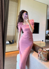 Ruched Puff Sleeves Midi Dress