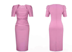 Ruched Puff Sleeves Midi Dress