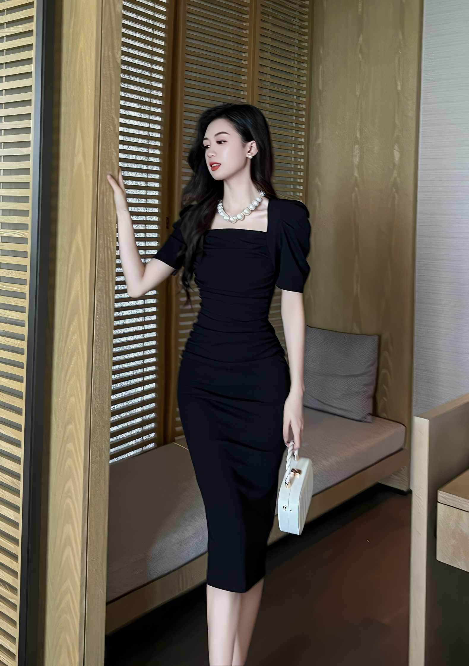 Ruched Puff Sleeves Midi Dress