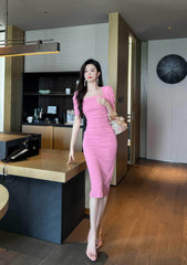 Ruched Puff Sleeves Midi Dress