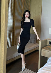 Ruched Puff Sleeves Midi Dress