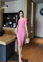 Ruched Puff Sleeves Midi Dress