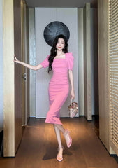 Ruched Puff Sleeves Midi Dress