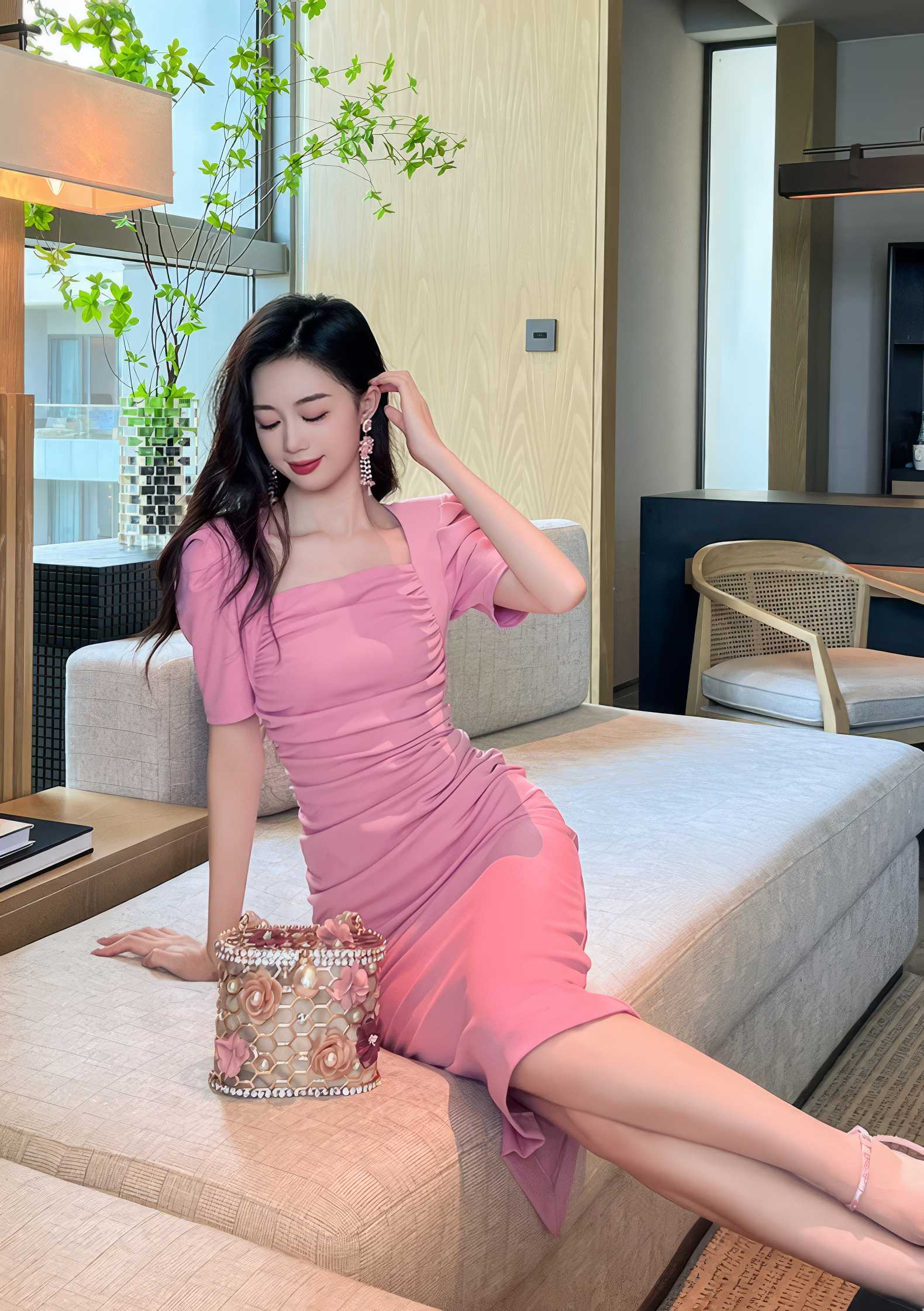 Ruched Puff Sleeves Midi Dress