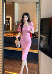 Ruched Puff Sleeves Midi Dress