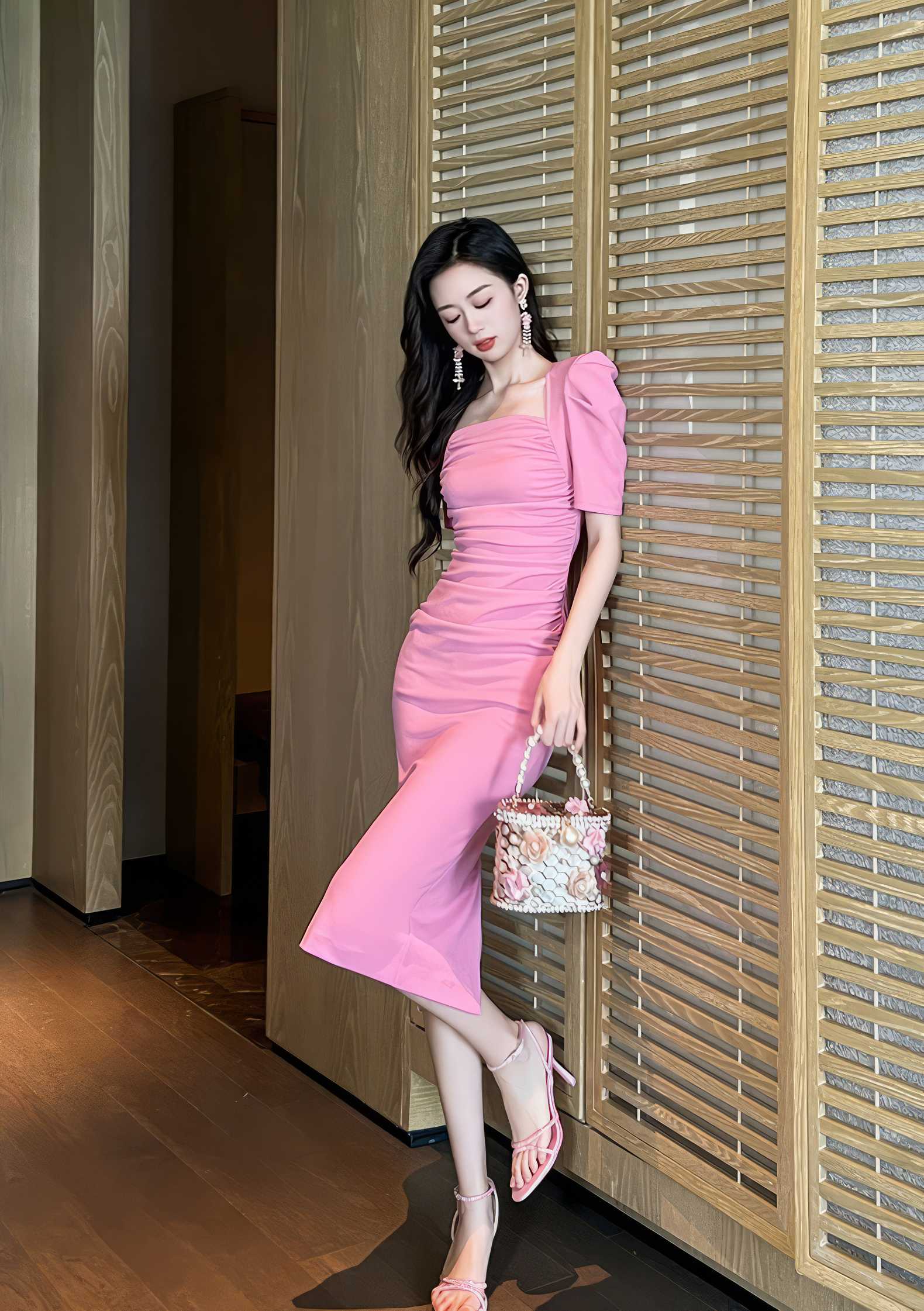 Ruched Puff Sleeves Midi Dress