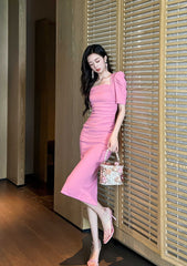 Ruched Puff Sleeves Midi Dress