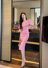 Ruched Puff Sleeves Midi Dress